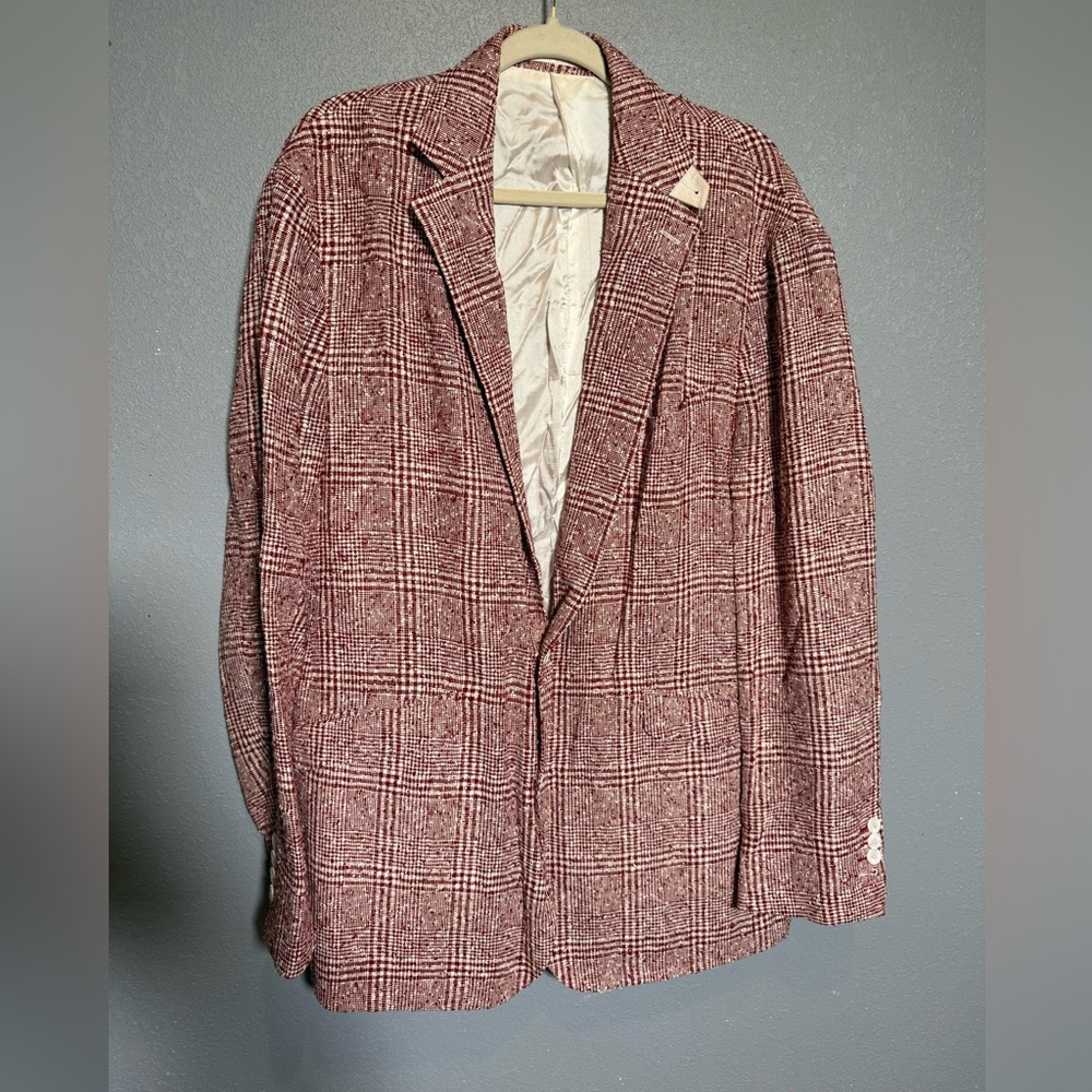 Men's Classic Checkered‎ Blazer - Burgundy and White